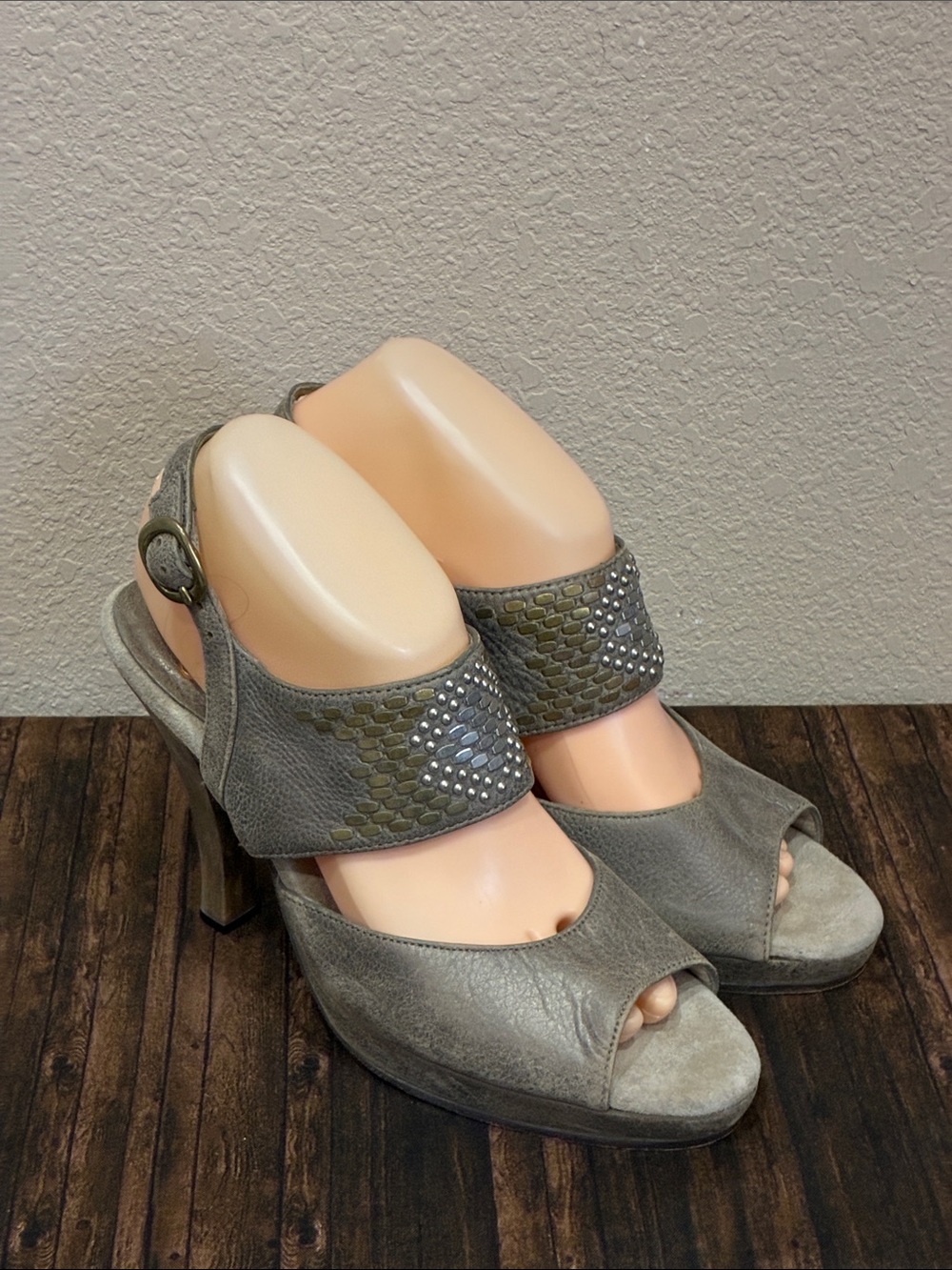 Calleen Cordero Gray Peep-Toe Slingback Heels with Embellished Strap
